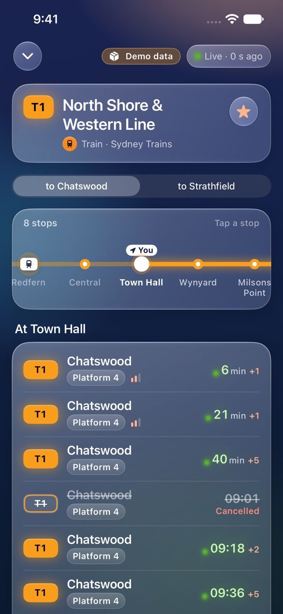 The T1 North Shore and Western Line screen: a strip of stops from Redfern to Milsons Point with Town Hall highlighted, and the next trains to Chatswood with platforms and delays.