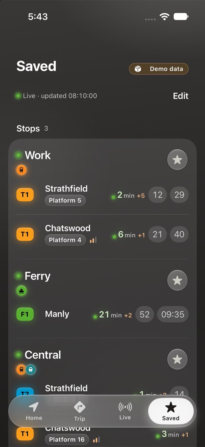 The Saved tab: saved stops named Work, Ferry and Central, each with its next live departures, such as T1 to Strathfield in 2 minutes and the F1 to Manly in 21 minutes.
